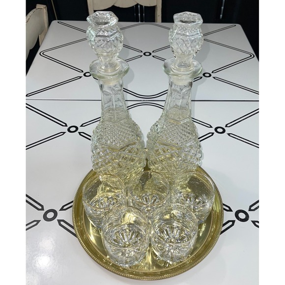 Vtg Decanters Rock Glasses Baldwin Griffin Brass Tray Whiskey Bourbon Barware